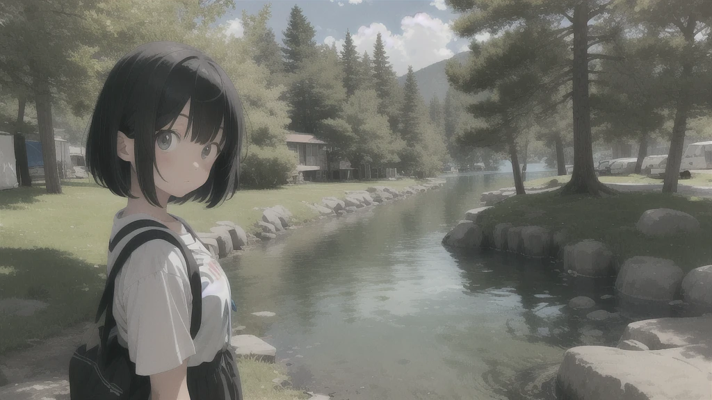 Loose-fitting anime-style girl camping solo by the lake. She stares at the campfire, sometimes blinks her eyes, and has black bob-cut hair.