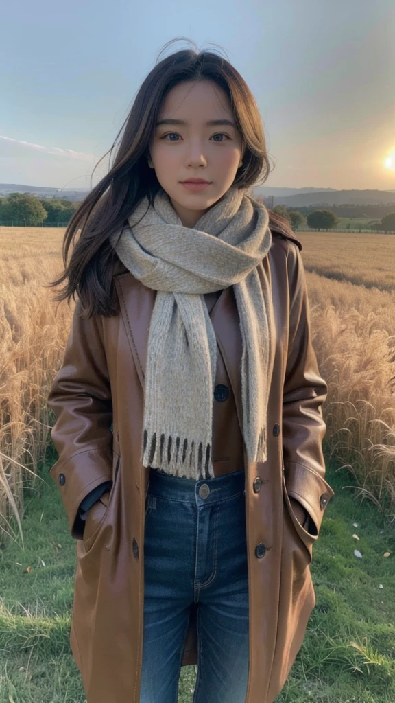 8K, Highest quality, masterpiece, Realistic, Super detailed, photo Realistic, Improvement of quality,
Photo of a girl standing in a field wearing a scarf, The designer's dark and gloomy style, Large chunk, Photobash, Calm face, Jagged Edges, navy, Natural Beauty, Close-up shot,Bokeh urban night photo of fashion model
