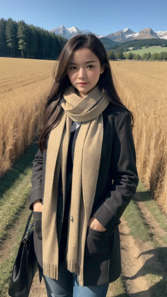 8K, Highest quality, masterpiece, Realistic, Super detailed, photo Realistic, Improvement of quality,
Photo of a girl standing in a field wearing a scarf, The designer's dark and gloomy style, Large chunk, Photobash, Calm face, Jagged Edges, navy, Natural Beauty, Close-up shot,Bokeh urban night photo of fashion model