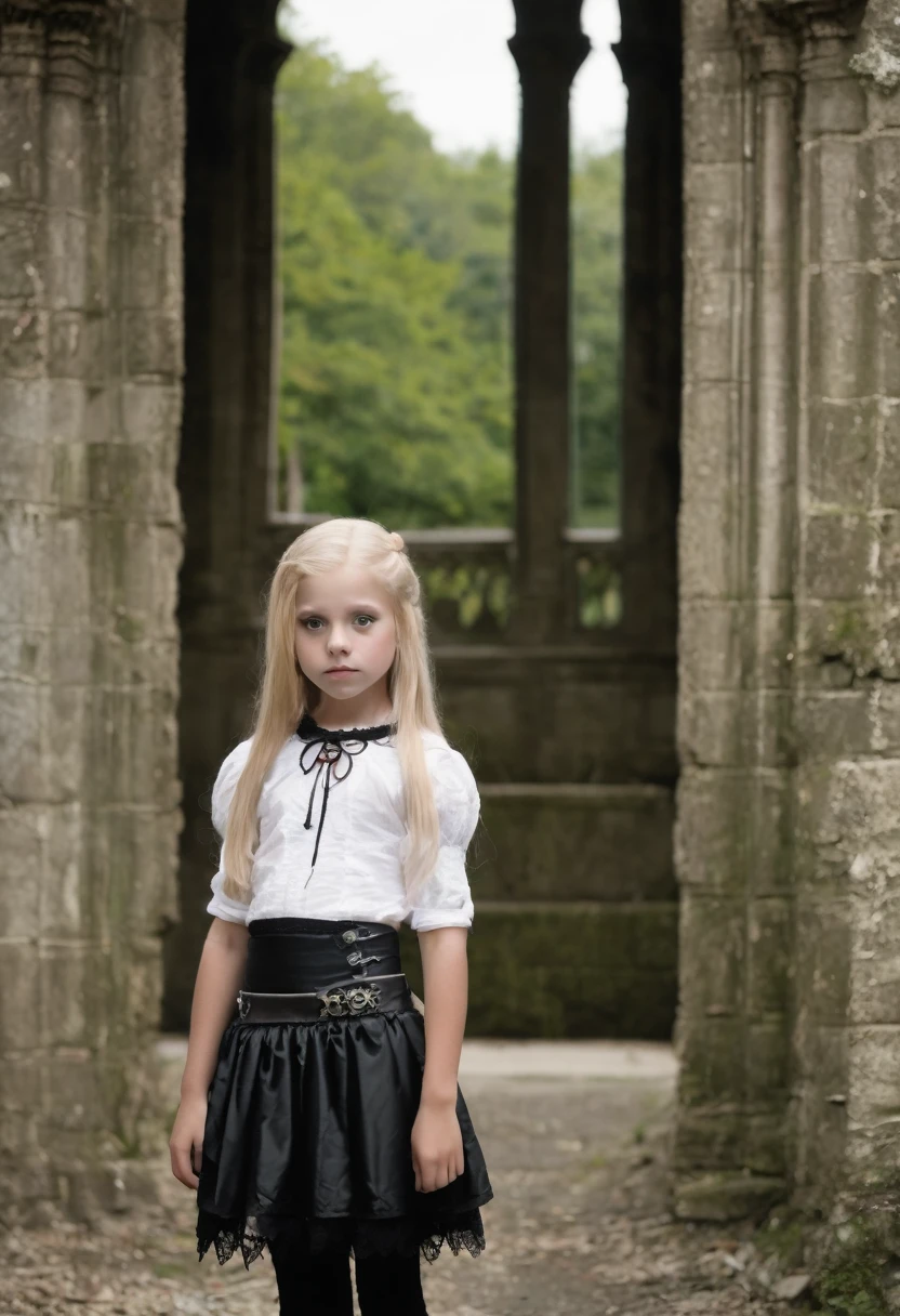 A  with long blonde hair and green eyes, Alone showing off in a Gothic-style photo, in  with mini skirt. Naked.full 