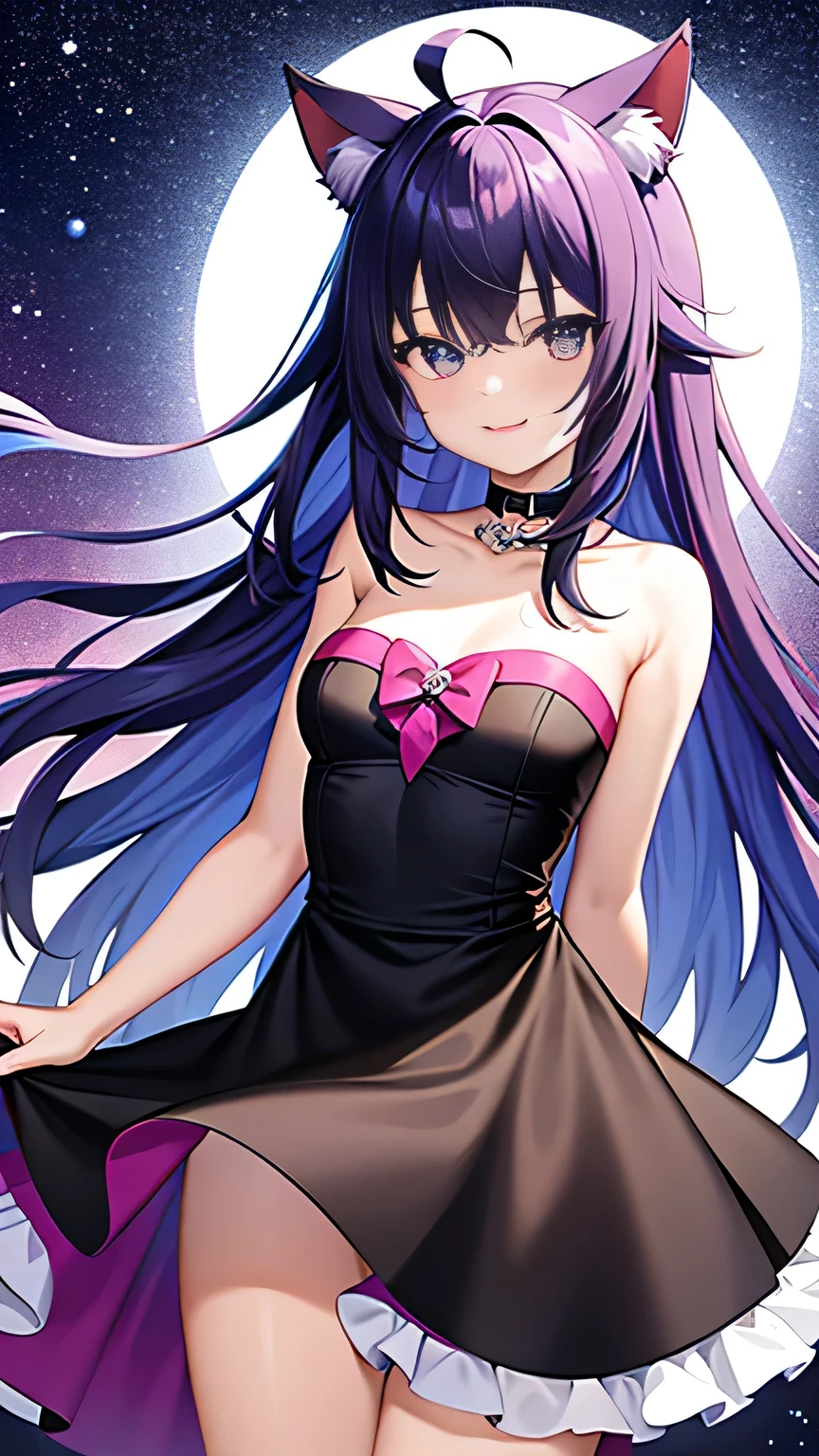 cowboy shot, masterpiece,Splash color, (cocktail glass), 1girl, solo, short tiny young, cat ears, multicolored hair, ((gradient hair), black+(blue)+(purple:0.5) hair//), very long hair, messy hair, bangs, ahoge, ((gradient eyes), pink+light_blue eyes//), slit pupils, glowing eyes, 1fang, high heels, whip, very short strapless dress, exposed stomach, starry background, smile