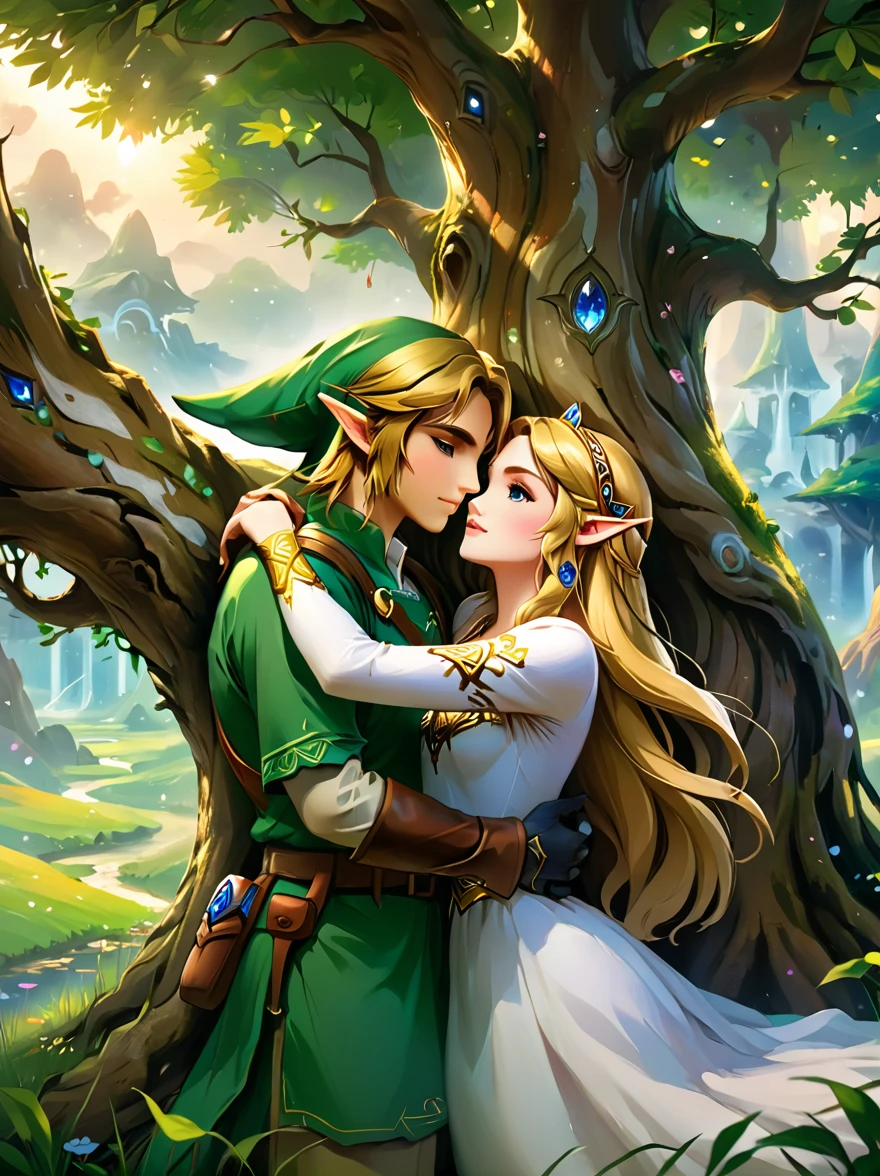 (Best quality，8K，Ultra-high resolution，masterpiece)，Super Fine，illustration，Princess Zelda，Link，Couple，Love，Embrace，(Lying under the World Tree:1.5)，fantasy，(the legend of zelda)，beautiful eyes，Beautiful lips，Super Fine的眼睛和脸，Long eyelashes，Long hair，romantic，close，Warm Lights，Prime Time，color，Fantasy Art，thrilling，epic