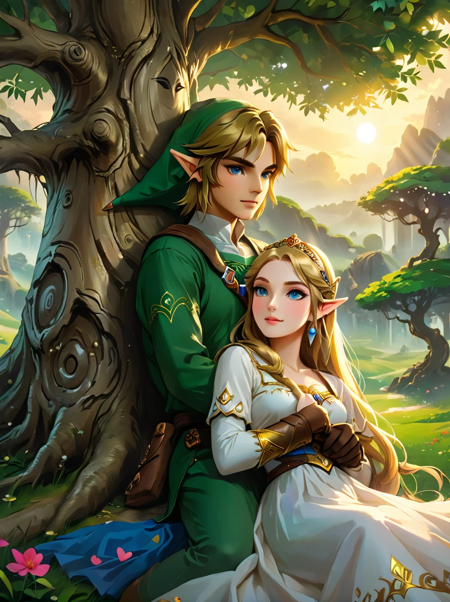 (Best quality，8K，Ultra-high resolution，masterpiece)，Super Fine，illustration，Princess Zelda，Link，Couple，Love，Embrace，(Lying under the World Tree:1.5)，fantasy，(the legend of zelda)，beautiful eyes，Beautiful lips，Super Fine的眼睛和脸，Long eyelashes，Long hair，romantic，close，Warm Lights，Prime Time，color，Fantasy Art，thrilling，epic