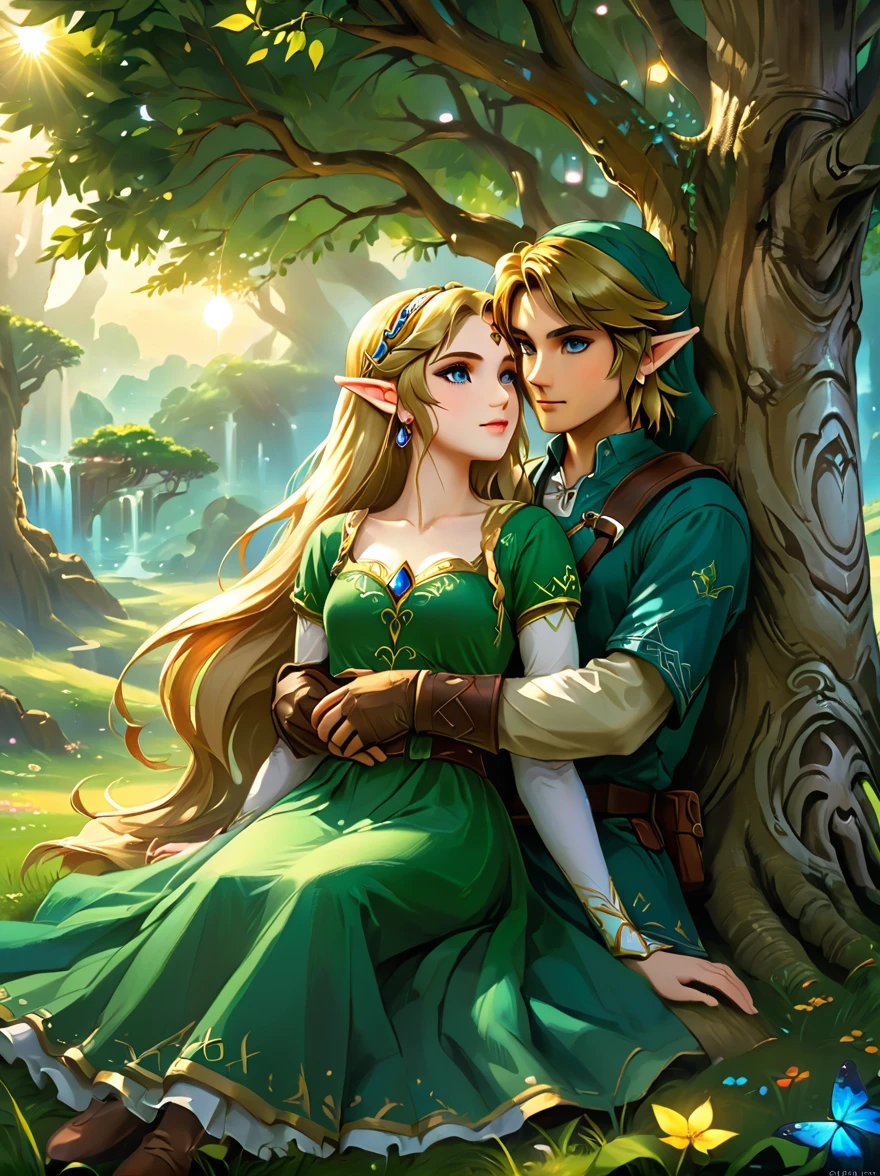 (Best quality，8K，Ultra-high resolution，masterpiece)，Super Fine，illustration，Princess Zelda，Link，Couple，Love，Embrace，(Lying under the World Tree:1.5)，fantasy，(the legend of zelda)，beautiful eyes，Beautiful lips，Super Fine的眼睛和脸，Long eyelashes，Long hair，romantic，close，Warm Lights，Prime Time，color，Fantasy Art，thrilling，epic