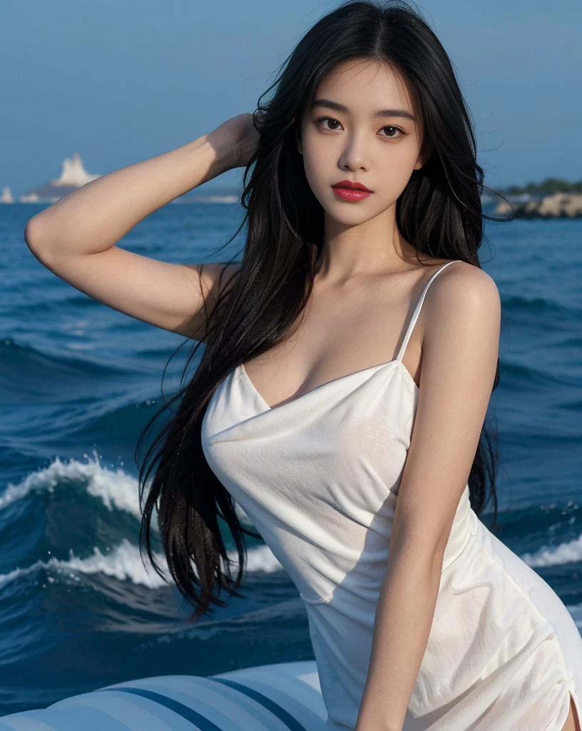 towards the camera,put a face to the viewer,stand on all fours,High image quality,works of masters,daughter,black hair,long hair shawl,long hair flowing over shoulders,cropped shoulder,clavicle,exquisite face,moist red lips,white dress,clavicle,towards the camera,Single photo,hosiery,sad expression,bust,real person,(ocean,sandy beach),CG rendering,16,000,lying in bed,Put your hands behind your head.,look into the camera,The night scenery was beautiful, farewell,hyper hd,The details were perfect,the picture is real,Extreme picture quality,Highest accuracy,8K 해상도,shade of darkness,8K, yes ,Ultra HD,8K