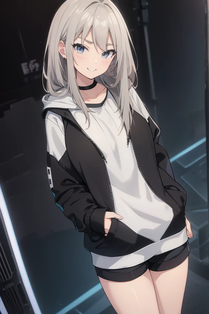  Concept Art, white Background, simple Background, White hair, Silver gradient hair , Composite cloth, Virtual YouTuber, best quality, masterpiece, Dynamic Angle, , cowboy_shooting, Watching_Back, grab, girl,Miss,woman, young,20 years old, , Hair Flip, Silver Hair, Flowing hair, Ahog, giggle, Beautiful and delicate golden eyes, teeth, Large Breasts, Blonde eyes, White skin, hoodie, Black_shorts, Gray clothes, transparent_Background, Backlighting, absurd, high resolution, Extremely detailed,sweater,Smile，cowboy裤