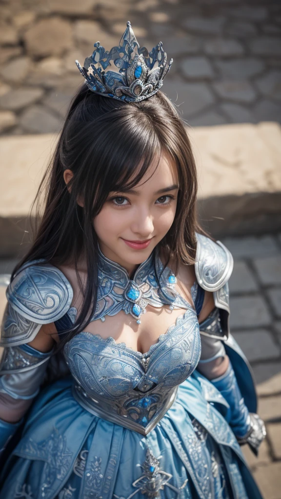 a woman in a silver and blue dress, epic exquisite character art, beautiful armor, armor girl, mole under eye, smile, light smile, high detail, blurry, Fujicolor, 135mm, Sony FE GM, from above, masterpiece, super detail, 4K, textured skin