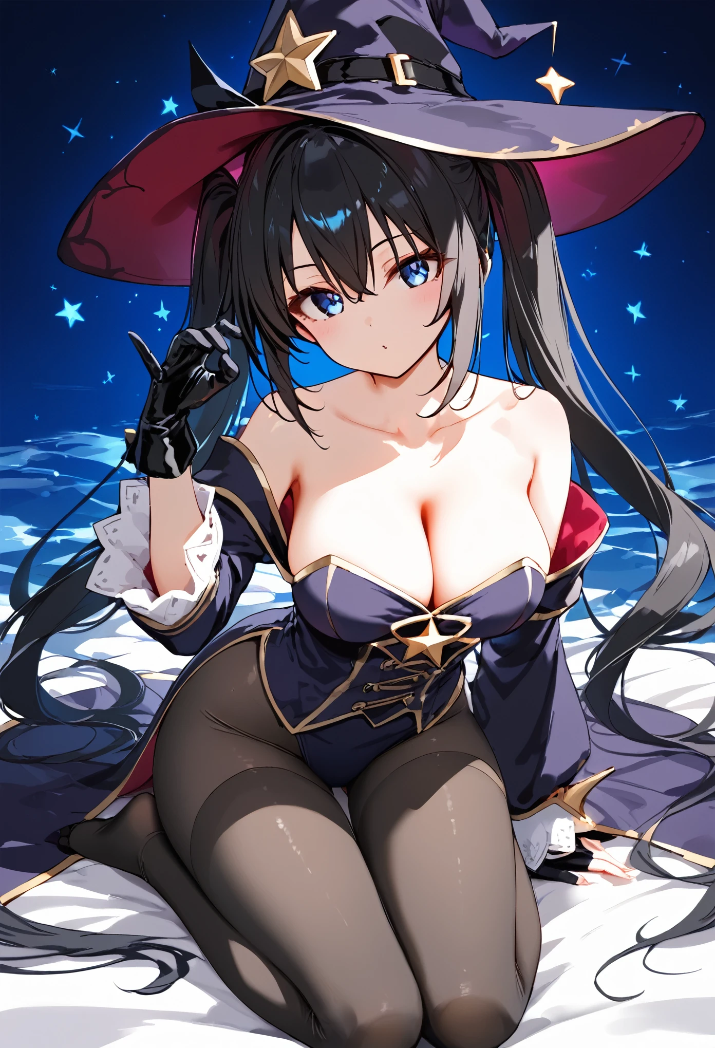 1 girl, bare shoulders, black hair, black tights, blue eyes, blush, , cleavagrbone, loose sleeves, gloves, gold trim, hair between eyes, hat, high leg, long hair, long sleeves, looking up, medium bust, no shoes, tights, solo, star (symbol), strapless, thigh highs, twintails, hat not worn, headgear not worn, very long hair, watermark, witch hat, random pose