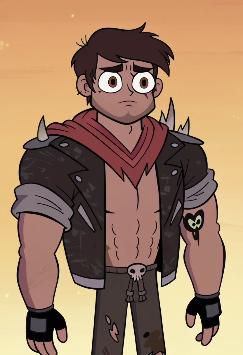 score_9, score_8_up, score_7_up, score_6_up, score_5_up, 1boy, future marco, jacket, spikes,brown eyes, pants, torn clothes, mole under eye,
fingerless gloves, svtfoe style,
orange background,