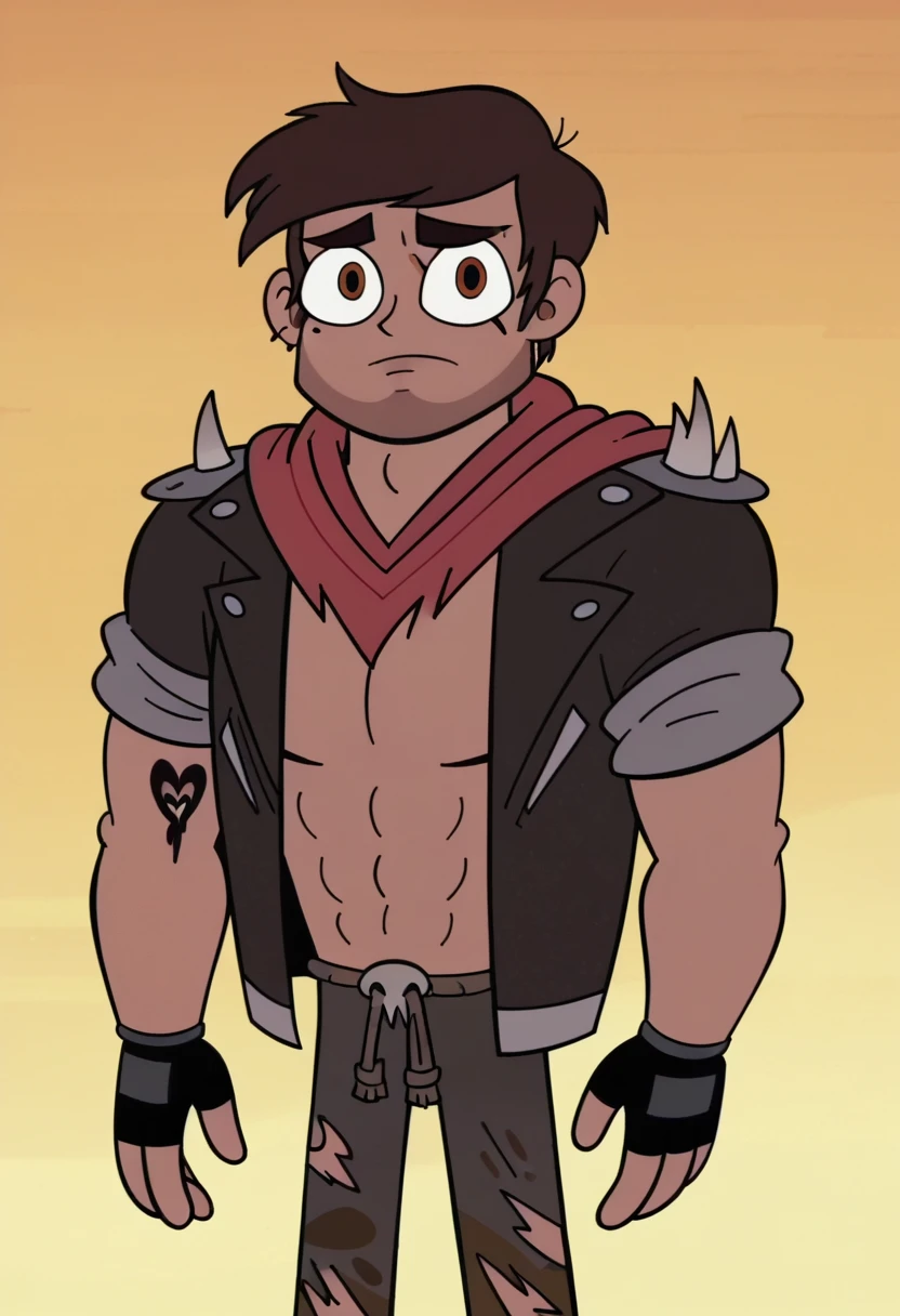 score_9, score_8_up, score_7_up, score_6_up, score_5_up, 1boy, future marco, jacket, spikes,brown eyes, pants, torn clothes, mole under eye,
fingerless gloves, svtfoe style,
orange background,