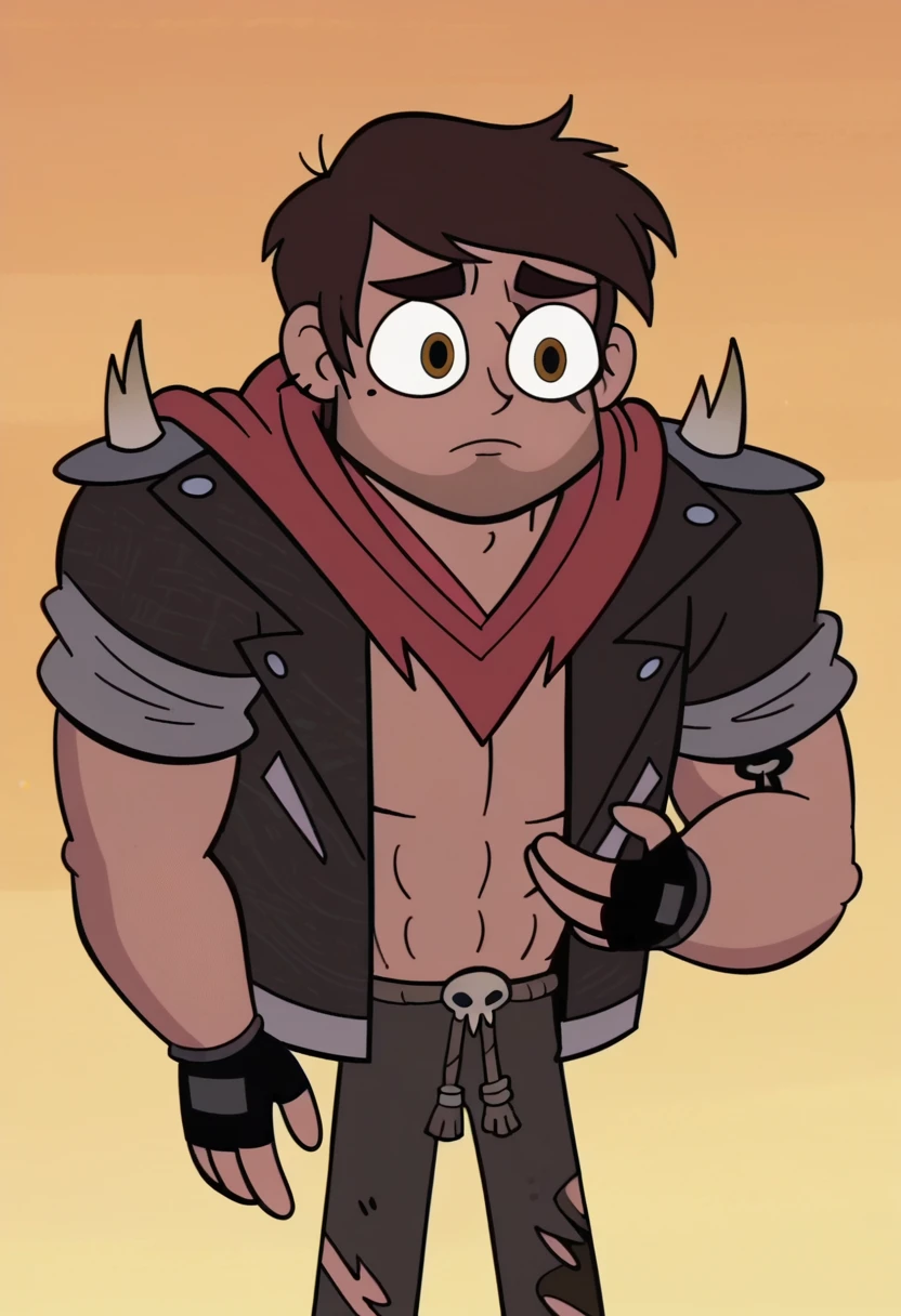 score_9, score_8_up, score_7_up, score_6_up, score_5_up, 1boy, future marco, jacket, spikes,brown eyes, pants, torn clothes, mole under eye, 
fingerless gloves, 
orange background, 