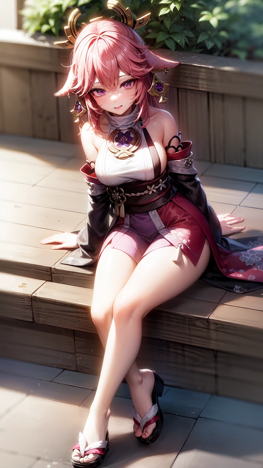 Yae Miko,purple eyes,kimono,low short
