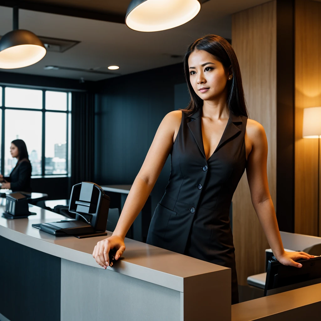 a female readhead receptionist at modern office holding SMG, dramatic lighting