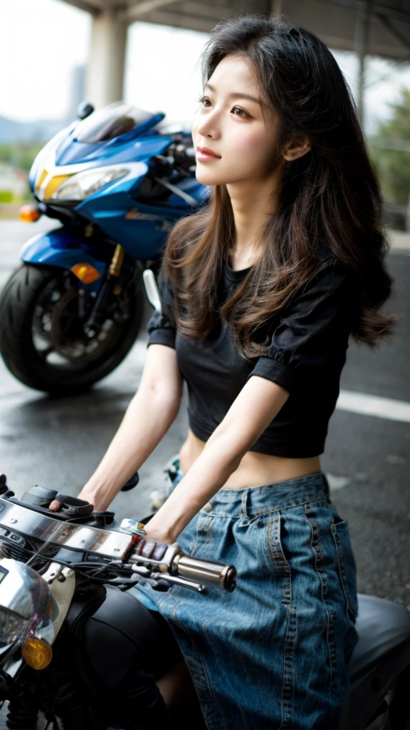 A girl riding a motorcycle while using a smartphone