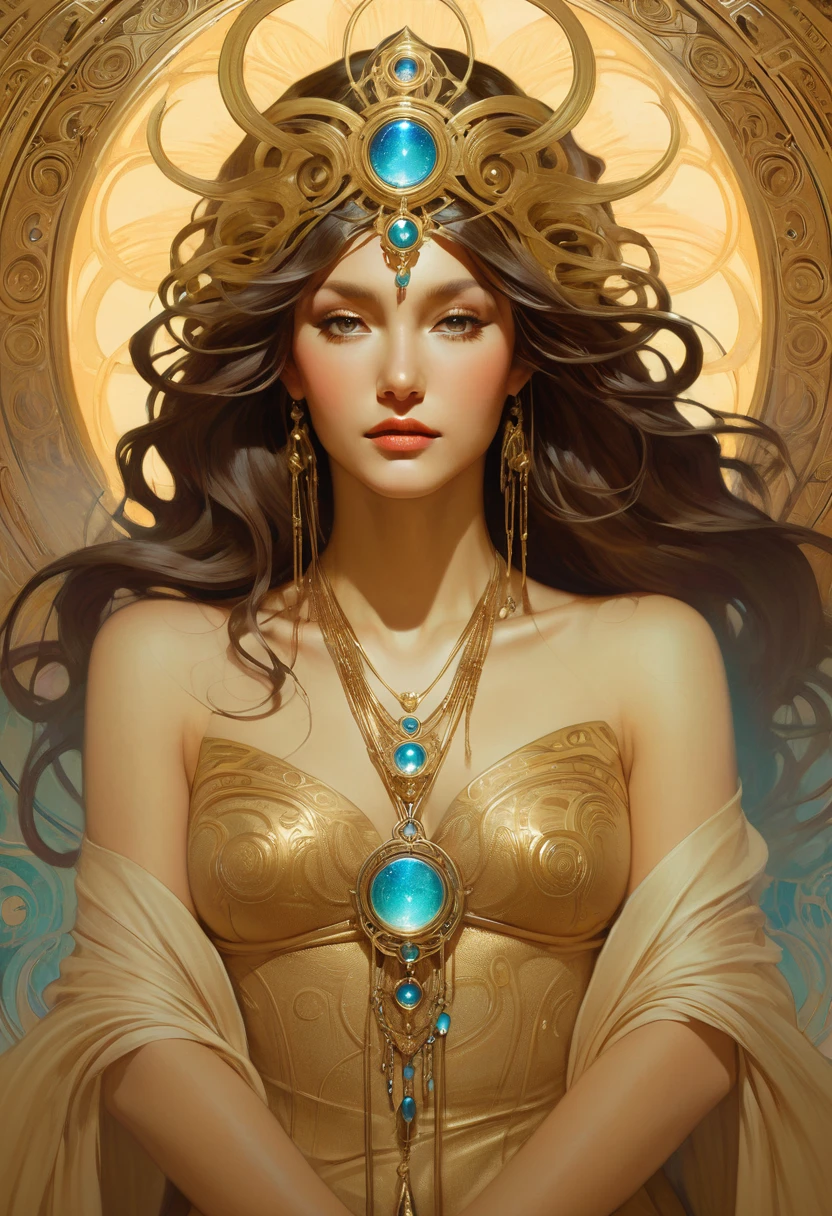(A beautiful decorative female sand goddess, Gold dress, Glowing Gold Tattoo), (Galactic shaman with quantum energy vision), Fantasy magic, Long hairstyle, Dark Light Night, complex, Vague, Clear focus, illustration, Very detailed, number, Concept Art, Matte, (Artworks by wlop), (author:Justin Gerard (Justin Gerard) and Jason Edmiston (Jason Edmiston): 1.5), (author:Greg Rutkowski: 0.4), (author:Alphonse Mucha: 0.4), masterpiece