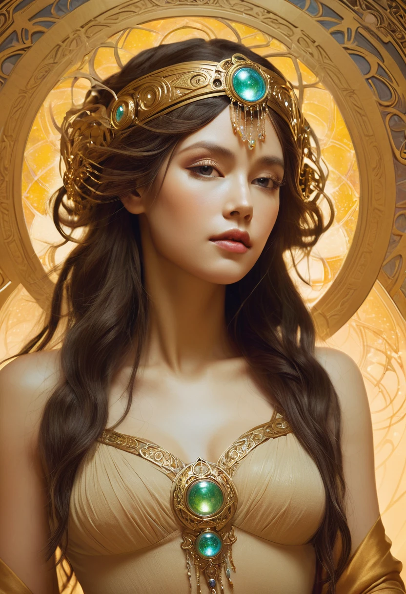 (A beautiful decorative female sand goddess, Gold dress, Glowing Gold Tattoo), (Galactic shaman with quantum energy vision), Fantasy magic, Long hairstyle, Dark Light Night, complex, Vague, Clear focus, illustration, Very detailed, number, Concept Art, Matte, (Artworks by wlop), (author:Justin Gerard (Justin Gerard) and Jason Edmiston (Jason Edmiston): 1.5), (author:Greg Rutkowski: 0.4), (author:Alphonse Mucha: 0.4), masterpiece