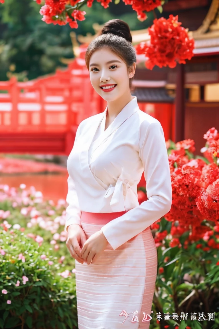 Full body image of a beautiful woman with a slender face Sharp eyes, light red lips, hair in a bun, cherry flowers behind the ears, gentle smile, large breasts, white and red Tai Khun outfit, beautiful and beautiful, the backdrop is a garden in a beautiful temple area.