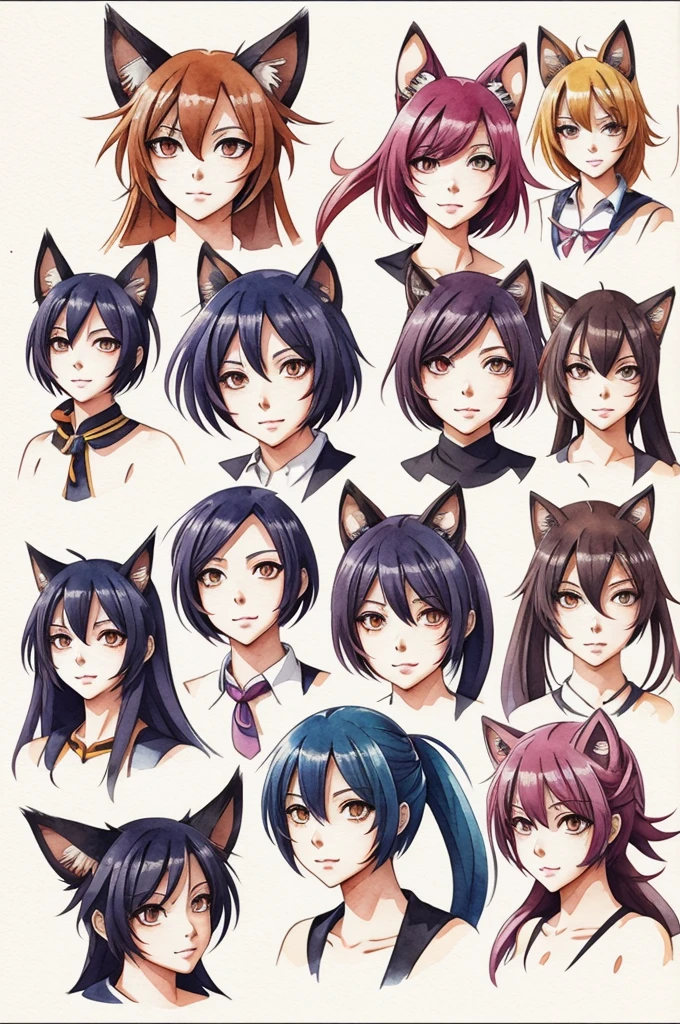 Create illustrations of anthropomorphic female characters (furras) in anime watercolor style, showing different poses and detailed expressions."