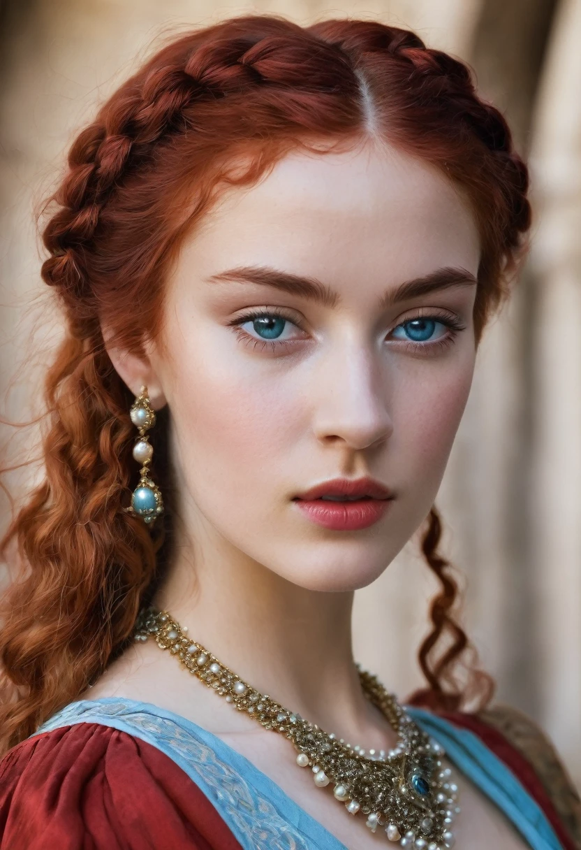 young woman(23 years old). Bright red, Wavy hair, braided(in the manner of Lucrezia Borgia или на манер таргариенов), pearl earrings in the ears, necklace of pearls on the neck. Eyes sky blue. Red eyebrows, very thin and curved. The skin is pale, she has freckles. Elongated face, oval shape. Dress in Renaissance or Middle Ages style, in the manner of Lucrezia Borgia. Mouth wide, and your lips are full. Брови very thin and curved, Light. одета в платье in the manner of Lucrezia Borgia. Realism style.