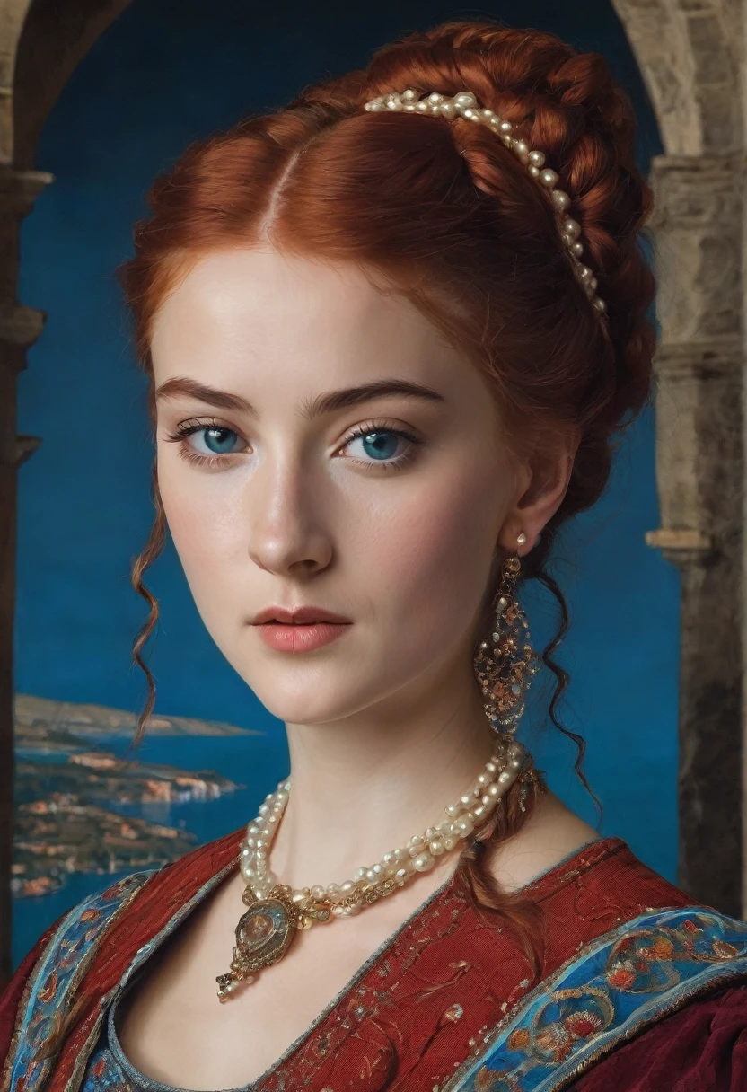 young woman(23 years old). Bright red, Wavy hair, braided(in the manner of Lucrezia Borgia или на манер таргариенов), pearl earrings in the ears, necklace of pearls on the neck. Eyes sky blue. Red eyebrows, very thin and curved. The skin is pale, she has freckles. Elongated face, oval shape. Dress in Renaissance or Middle Ages style, in the manner of Lucrezia Borgia. Mouth wide, and your lips are full. Брови very thin and curved, Light. одета в платье in the manner of Lucrezia Borgia. Realism style.