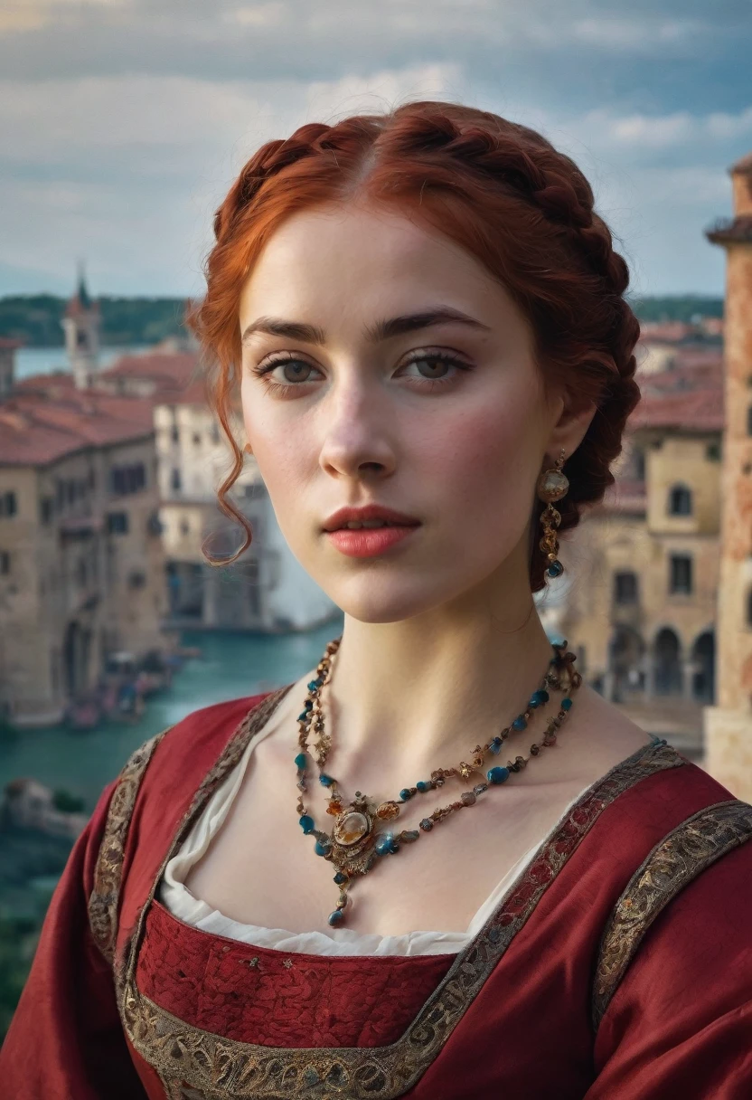 young woman(23 years old). Bright red, Wavy hair, braided(in the manner of Lucrezia Borgia или на манер таргариенов), pearl earrings in the ears, necklace of pearls on the neck. Eyes sky blue. Red eyebrows, very thin and curved. The skin is pale, she has freckles. Elongated face, oval shape. Dress in Renaissance or Middle Ages style, in the manner of Lucrezia Borgia. Mouth wide, and your lips are full. Брови very thin and curved, Light. одета в платье in the manner of Lucrezia Borgia. Realism style.