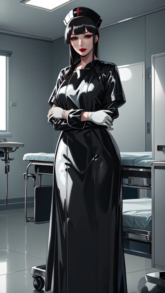 (masterpiece, best quality), SShutaraV4, source_anime, natural light, senjumaru shutara, 1girl, solo, slight smile, long hair, bangs, blunt bangs, sidelocks, (black eyes), (black hair:1.4), makeup, lipstick, red lipstick, mature, mature female, nurse uniform, rubber gloves, patient room background,