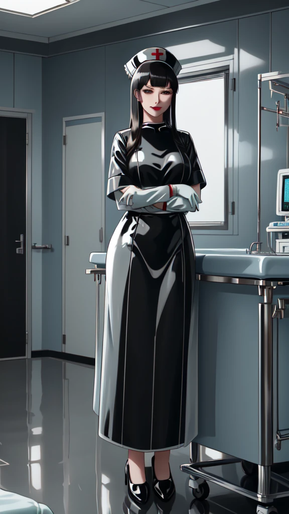 (masterpiece, best quality), SShutaraV4, source_anime, natural light, senjumaru shutara, 1girl, solo, slight smile, long hair, bangs, blunt bangs, sidelocks, (black eyes), (black hair:1.4), makeup, lipstick, red lipstick, mature, mature female, nurse uniform, rubber gloves, patient room background,