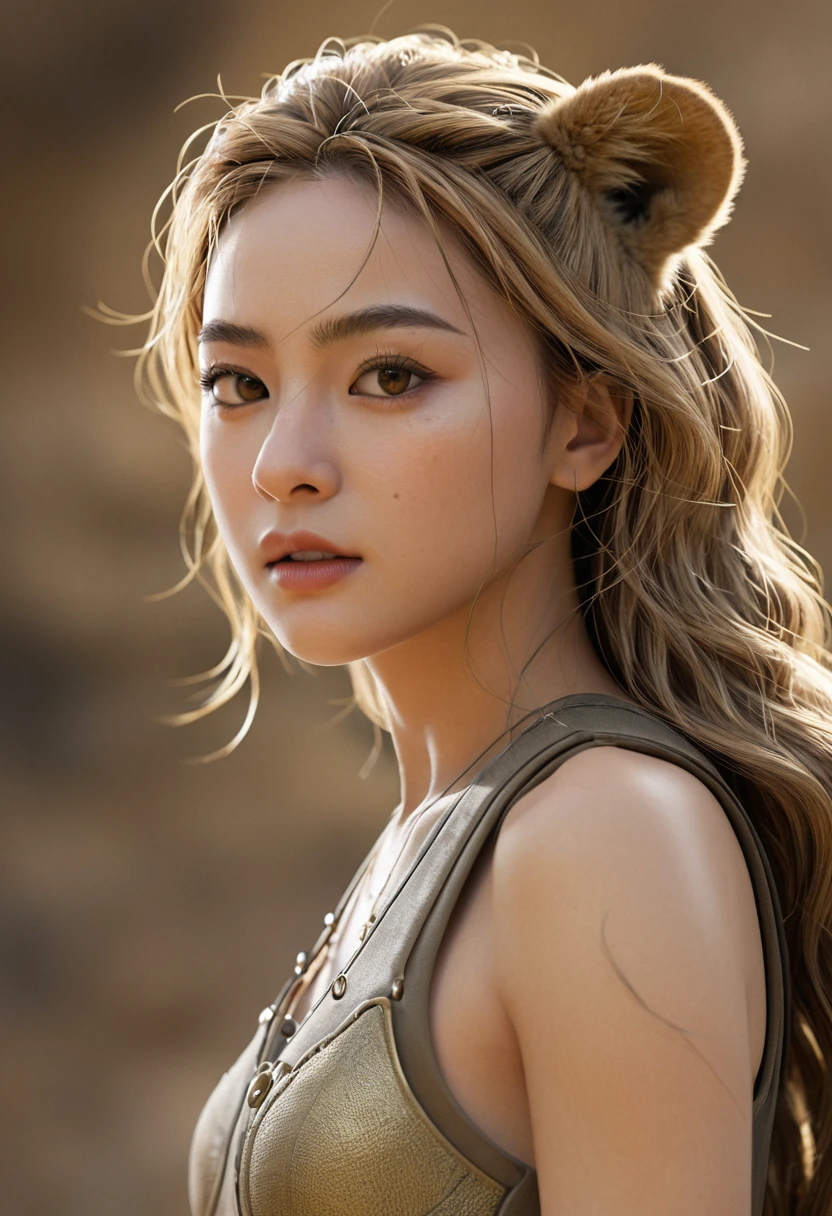 Ultra detailed beautiful girl, With the fierce lioness, Movie, Movie Light, Practical, 3d rendering, Very detailed Face, Very detailed, Practical Appearance, lifelike, Practical Girl, Very detailed Hair
