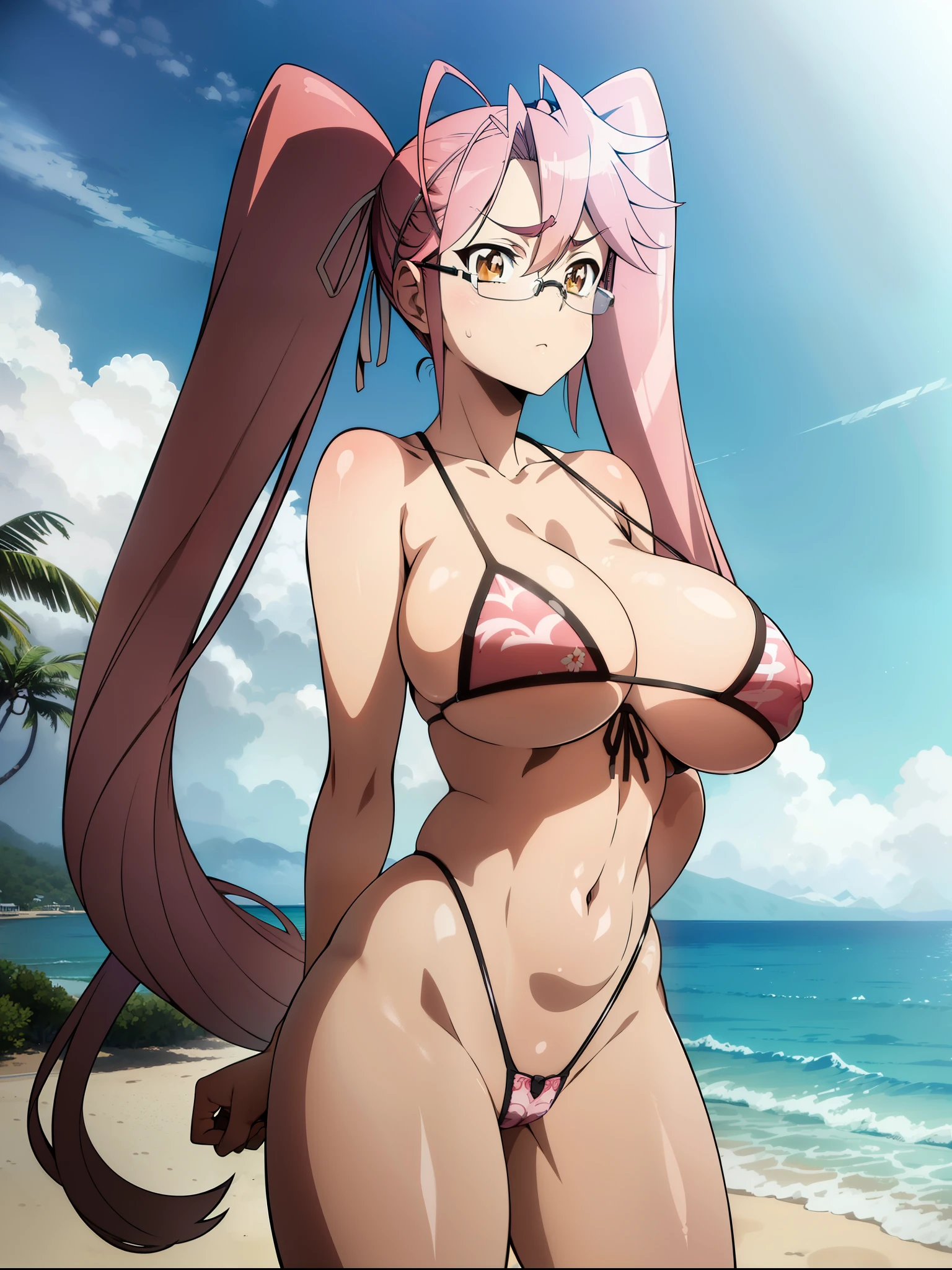 (Nsfw),Hayatakagi, Hajime Takagi, Long hair, bow ribbon, (Twin-tailed:1.3), (Brown eyes:1.5), Hair Ribbon, Pink hair, (eye glasses:1.3),,(looking at the viewers:1.3),BREAK (masutepiece:1.2), Best Quality, High resolution, Unity 8k Wallpaper, (Illustration:0.8), (Beautiful detailed eyes:1.6), extra detailed face, Perfect Lighting, extremely details CG, (Perfect hands, Perfect Anatomy),(the beach:1.3),Naughty big、thighs thighs thighs thighs、solo, very big breast, detailed nipples, deep cameltoe, barely spread legs, caderas anchas, g string, translucent stockings, perfect round detailed and realistic nipples, detailed vagina, daylight illuminated, masturbating, pink super ultra small lingerie, with an r15 rifle in one hand in erotic pose, looking from behind
