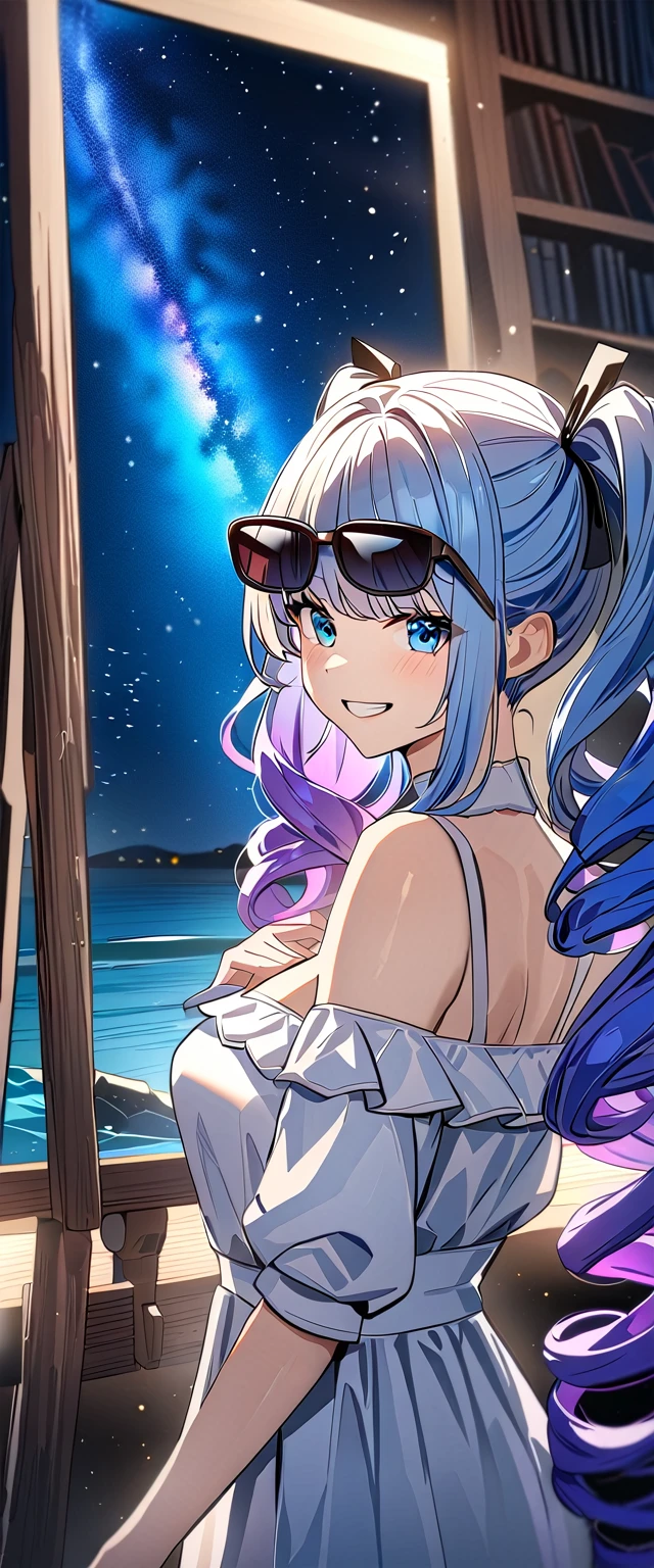 ((grin)), Eyeshadow, False eyelashes, ((off-shoulder dress:1.3, criss-cross halter)), ((white sundress)), ((cleavage)), ((twin tails hair, spiral curl hair, gradient hair, hair extensions, streak)), ((sunglasses, hand to sunglasses)), (((from side))), ((((upper body)))), bare legs, (()), (((a beautiful starry sky, the Milky Way shining beautifully in the night))), ((on the very high cliff)), wavy hair, inward curled hair, ((sea, nature)), breasts, teenager, (looking at viewer), puffy long sleeves, collarbone, head tilt:1.3, (((blue eyes))), happy smile, (((anime style))), (best quality, 4K, 8K, highres, masterpiece:1.2, ultra-detailed, ultra-detailed eyes, HDR, uhd, studio lighting, ultra-fine painting, sharp focus, physically-based rendering, extreme detail description, professional, vivid colors, bokeh)
