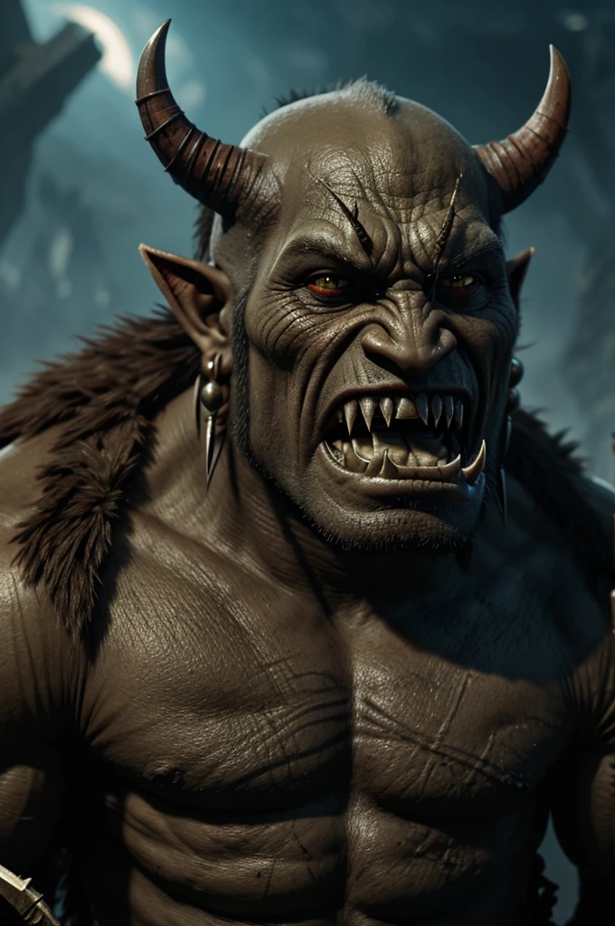 Create an orc, with sharp teeth, with war scars, As an accessory, wear glasses and earrings.