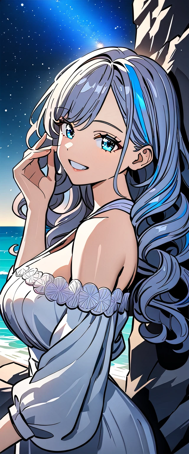 ((grin)), (((Eyeshadow, False eyelashes))), ((off-shoulder dress:1.3, criss-cross halter)), ((white sundress)), ((cleavage)), ((streaked hair, blue and black, hair extensions)), ((sunglasses, hand to sunglasses)), (((from side))), ((((upper body)))), bare legs, (()), (((a beautiful starry sky, the Milky Way shining beautifully in the night))), ((on the very high cliff)), wavy hair, inward curled hair, ((sea, nature)), breasts, teenager, (looking at viewer), puffy long sleeves, collarbone, head tilt:1.3, (((blue eyes))), happy smile, (((anime style))), (best quality, 4K, 8K, highres, masterpiece:1.2, ultra-detailed, ultra-detailed eyes, HDR, uhd, studio lighting, ultra-fine painting, sharp focus, physically-based rendering, extreme detail description, professional, vivid colors, bokeh)