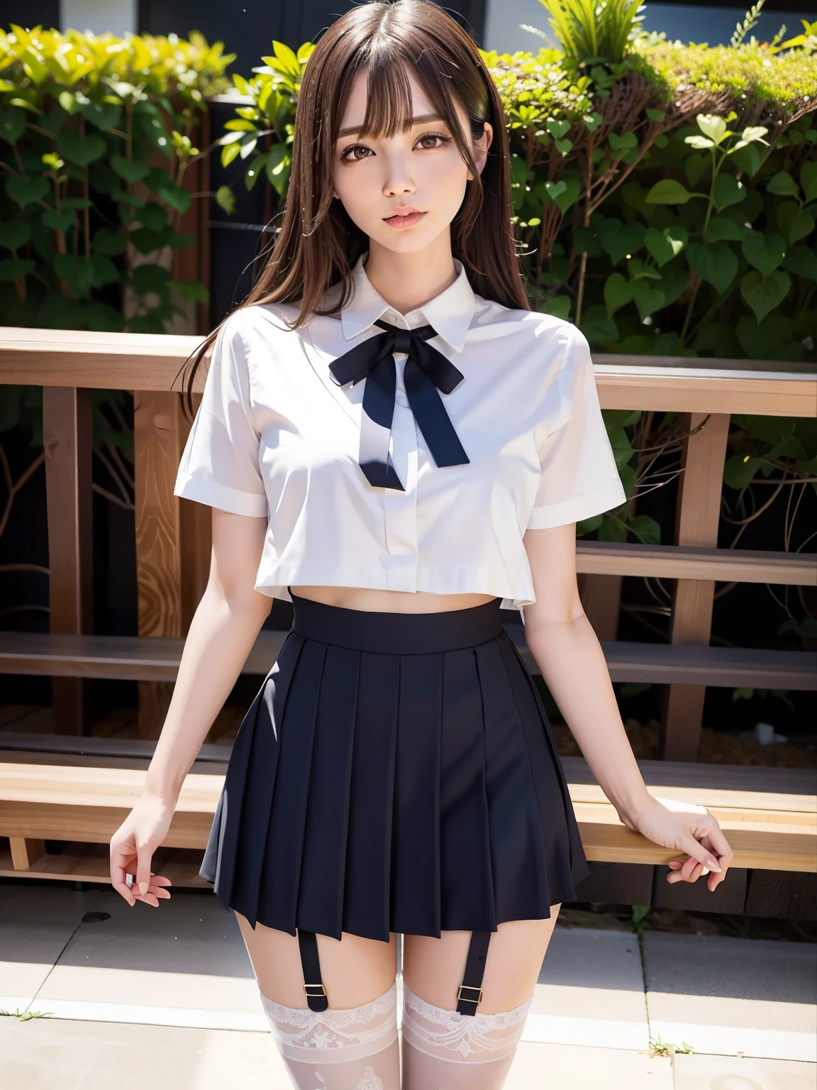 (best quality:1.2), (masterpiece:1.2), full body, very detailed, high resolution, 8k, ((1 girl)), (cute Japanese woman), (cute 24 year old beauty), Round face, cute round face, slim body, (slightly saggy medium breasts), thin lips, detailed face, Beautiful and elegant face, cute face, natural bangs, arched eyebrows, well-groomed eyebrows, (big eyes with a good balance between the left and right sides), cute eyes, beautiful eyes, beautiful thin nose, beautiful face line, (beautiful skin), medium hair, ((natural bangs)), slim figure, beautiful legs, smooth skin , slim and beautiful thighs, cute and sexy slim 24 year old woman, fair skin, Beautiful breasts, medium breasts, I-type Valley, cleavage, (The best lighting:1.5), (Slender and slim body:1.5), (Slim waist), (slim hips), Black hair, brunette hair, (Round face:1.4), ((underboob)), Black hair, , high , sailor suit, pleated micro mini skirt, white blouse, ribbon,  See-through stockings with lace, Beautiful navel, fishnet stockings,