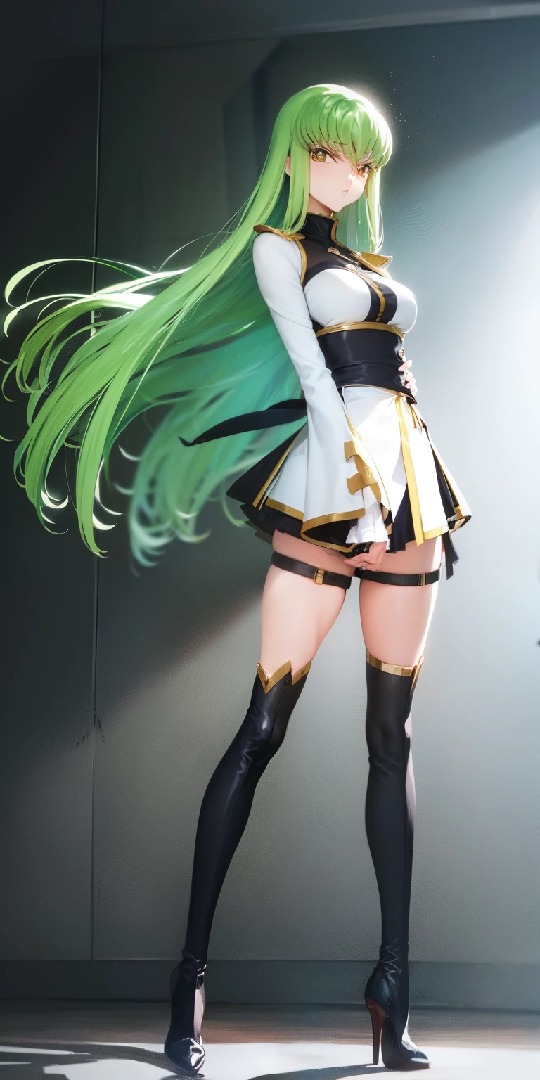 long green hair、The bangs are straight and frame the face.、The hair at the back is spread out freely.、Her hair is dynamic, as if it is blowing in the wind.、Deep green eyes、Calm expression、White skin-tight suit、The suit is shiny and fits well、Wide, wide sleeves、The sleeves have multiple black straps at the ends.、A black belt is worn around the waist and thighs、The belt has a simple design with the metal fittings standing out.、The legs of the suit are wide and long、The feet are boots with high heels、The pose is standing upright with the feet together.、Arms crossed in front of chest、The deep blue background makes the characters stand out.、The overall atmosphere is mysterious and elegant.