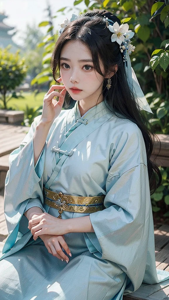 A woman in a blue and white dress with flowers in her hair, hanfu, palace, girl in hanfu, blue hanfu, white hanfu, wearing ancient Chinese costume, ((beautiful fantasy queen)), ancient Chinese princess, Chinese style, traditional Chinese clothing, ancient Chinese clothing, beautiful fantasy queen, Chinese princess, traditional beauty,