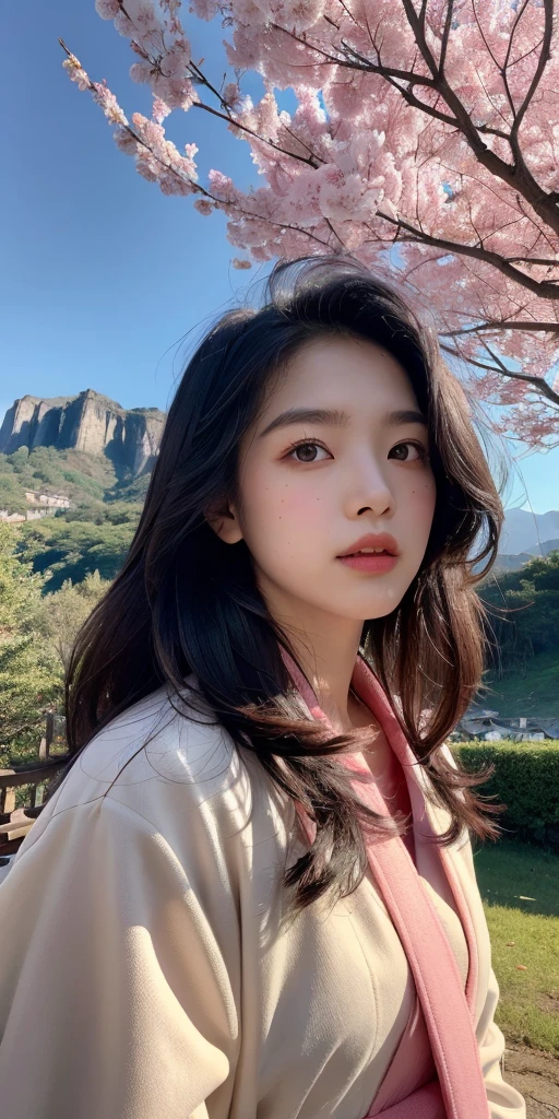 (best quality, masterpiece),(1girl, miko, coat, expression face, black eyes, looking at front ,black hair, walking, upper body), (night strray sky, huge old tree behind, falling glowing pink petals behind, shrine behind, mountain background, blowing wind, meteoric cloud)