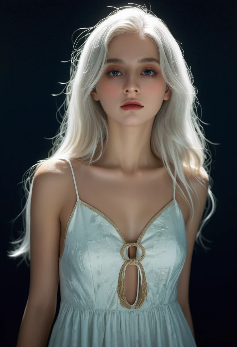 (Front focus), (in the darkness:1.6), Surrealist Portraits of Women by David Hockney and Alphonse Mucha, Fantasy Art, Photo-realistic, Dynamic Lighting, Art Station, poster, Volumetric Lighting, Very detailed face, 4K, The award-winning, 1 Girl, in the darkness, Deep Shadows, Low profile, Cowboy shooting, (Sexy dress up), Long hair, White hair