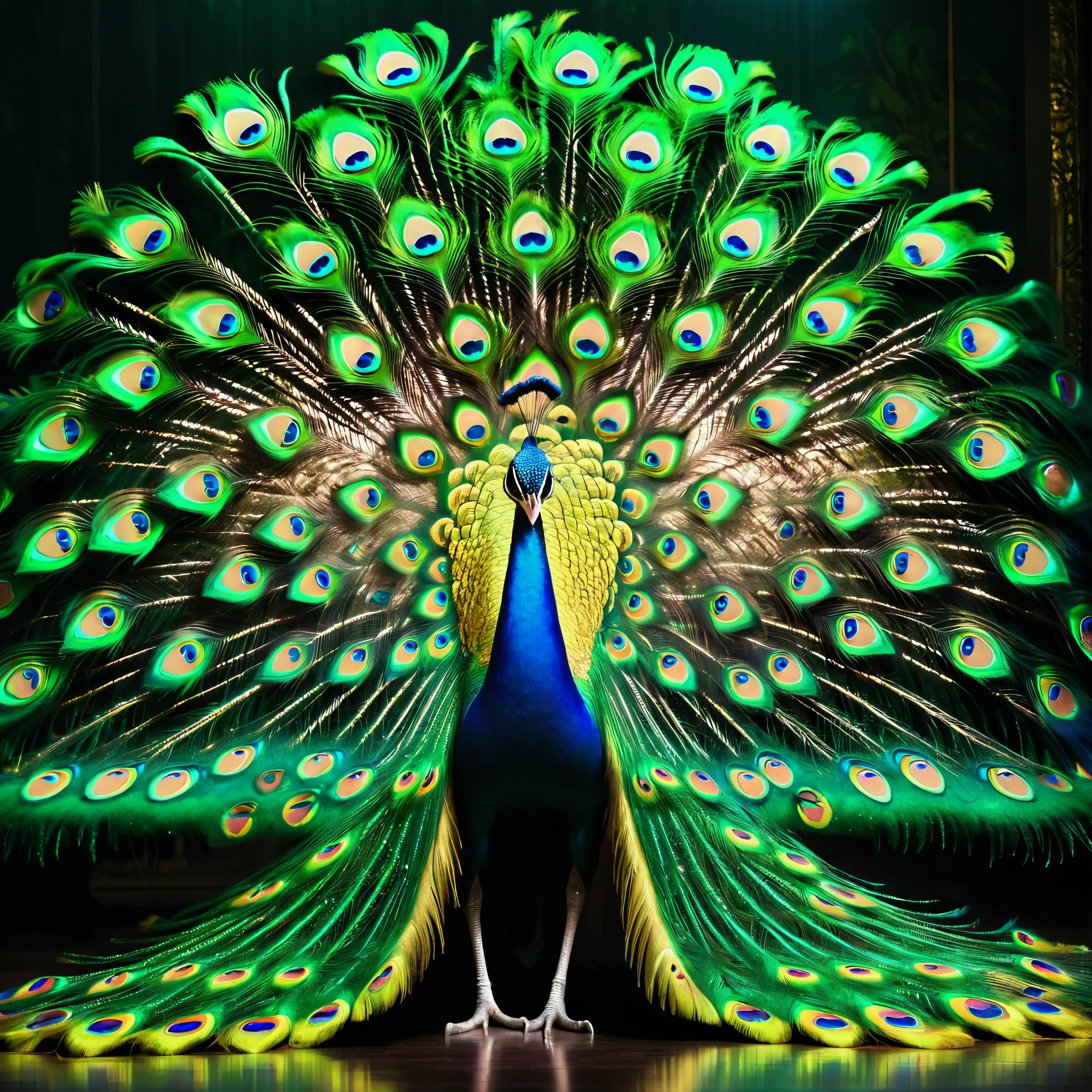 Green Peacock,(Front upright:1.1),Peacock opens the screen,Green feathers,fantasy,Colorful tones,masterpiece,Dramatic ethereal beauty,(panoramic视角1.2),Soft lighting,reflected light,panoramic