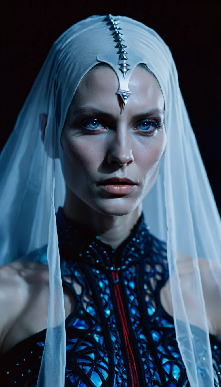 Fashionable of androgynous alien looking witch wearing veil, glowing eyes, beautiful evil slavic muscular woman, pale skin, futuristic design, minimal details, givenchy, photoreal, 200mm, hd, f/ 2.0, highly detailed, surreal , drop dead, in the style of red and blue, (intricate details, hyperdetailed:1.15) (skin texture:1.2), cinematic, professional, 4k, (((dynamic model pose))), sitting, (full body)