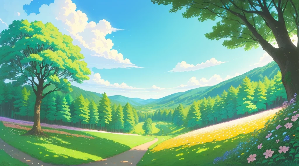 Through the tree-lined、Cartoon illustration of a path through a forest with blooming flowers, background technology, Anime rural scenery, beautiful Summer Landscape, background technologywork, anime background technology, Forest glade landscape, beautiful Landscape background, Lush countryside, Beautiful scenery, Sunny summer days, Natural landscape, Summer Landscape, landscape illustration, Landscape background, Bright Landscape, Lush Landscape, airy landscape, sunny landscape