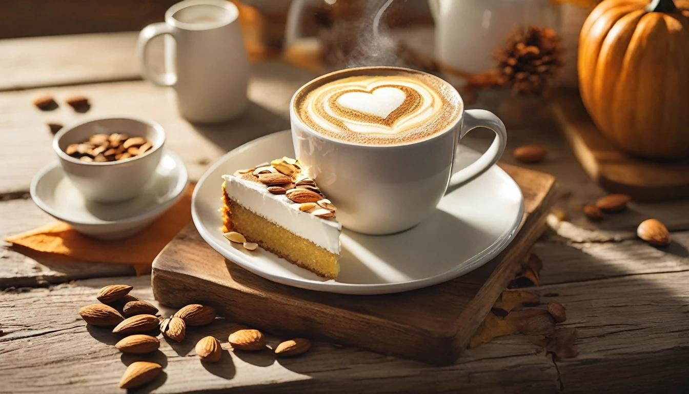 Create an image of a cozy fall-themed atmosphere featuring a one white cup with heart-shaped latte art on it, placed on a wooden table surface. beside the cup, there was a piece of cake with triangle slice layered with white cream,there are some whole and shelled almonds, adding to the warm and inviting atmosphere. This scene is bathed in soft sunlight