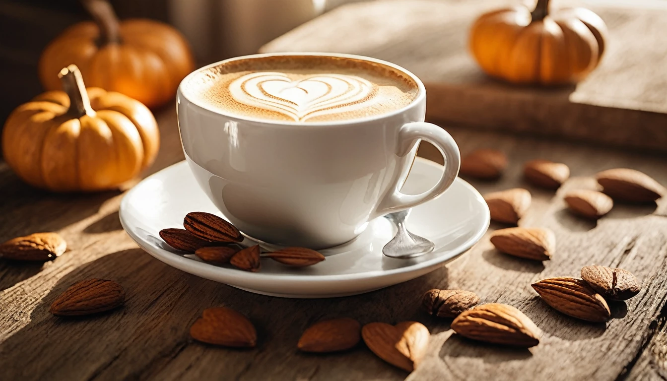 Create an image of a cozy fall-themed atmosphere featuring a one white cup with heart-shaped latte art on it, placed on a wooden table surface. beside the cup, there was a piece of cake with triangle slice layered with white cream,there are some whole and shelled almonds, adding to the warm and inviting atmosphere. This scene is bathed in soft sunlight