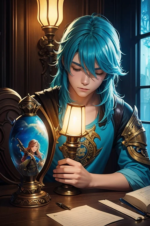 Design a fantasy logo for me with the theme of a fantasy boy and painted by a teenager with a creative and thoughtful mind. Lamps should also be used in the logo design.
