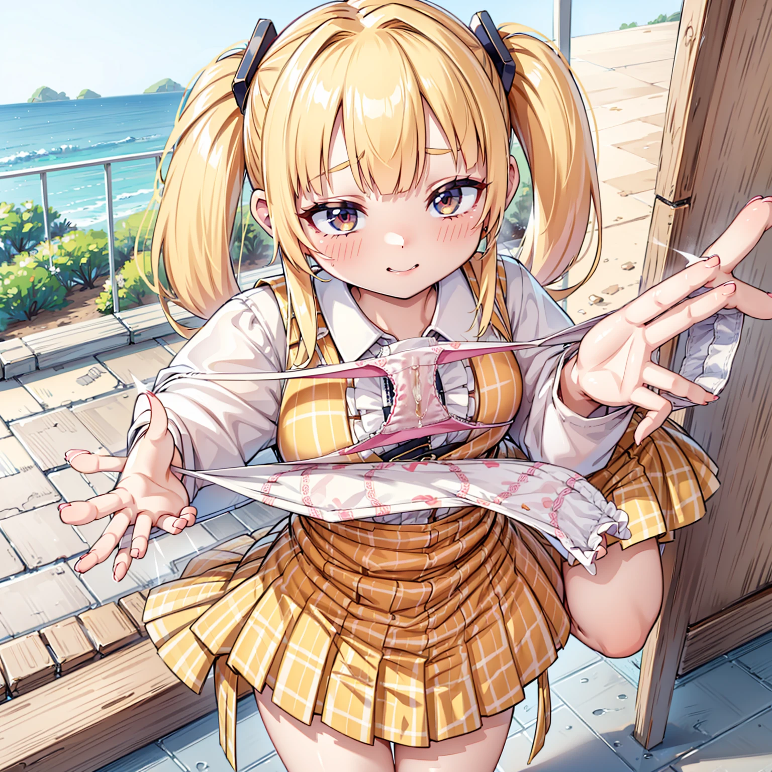 blonde, {{{Half Twin Tail:1.3}}}、shirt, blush, white shirt, hair ornaments, Manicure, Plaid skirt, Pleated skirt,
,Pay attention to the panties,
Looking down,View your audience,Panties as a gift,Tabletop, Highest quality, Perfect Skin, Detailed skin texture, Super detailed, 8K, Intricate details, Beautifully detailed face,High resolution,
Looking down at the viewer, masterpiece, (Panties are stained with pee)、(Pussy、Love Juice)、(body odor),perfect hands