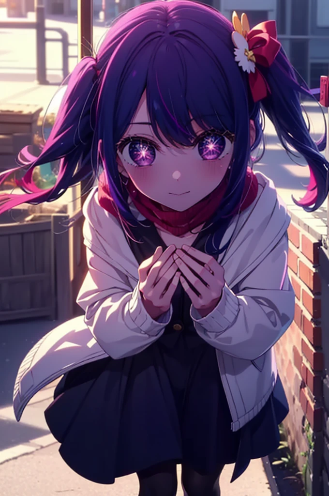 aihoshino, Ai Hoshino, Long Hair, bangs, (Purple eyes:1.1), Purple Hair, (Symbol-shaped pupil:1.5), smile,
break one side up, hair ornaments, Hair Ribbon, Purple long coat,V-neck sweater,Long skirt,Black pantyhose,short boots,Red muffler,It&#39;s snowing,Snow is falling,Are standing,whole bodyがイラストに入るように, 
break outdoors, Building district,
break looking at viewer, whole body,
break (masterpiece:1.2), Highest quality, High resolution, unity 8k wallpaper, (figure:0.8), (Beautiful attention to detail:1.6), Highly detailed face, Perfect lighting, Highly detailed CG, (Perfect hands, Perfect Anatomy),