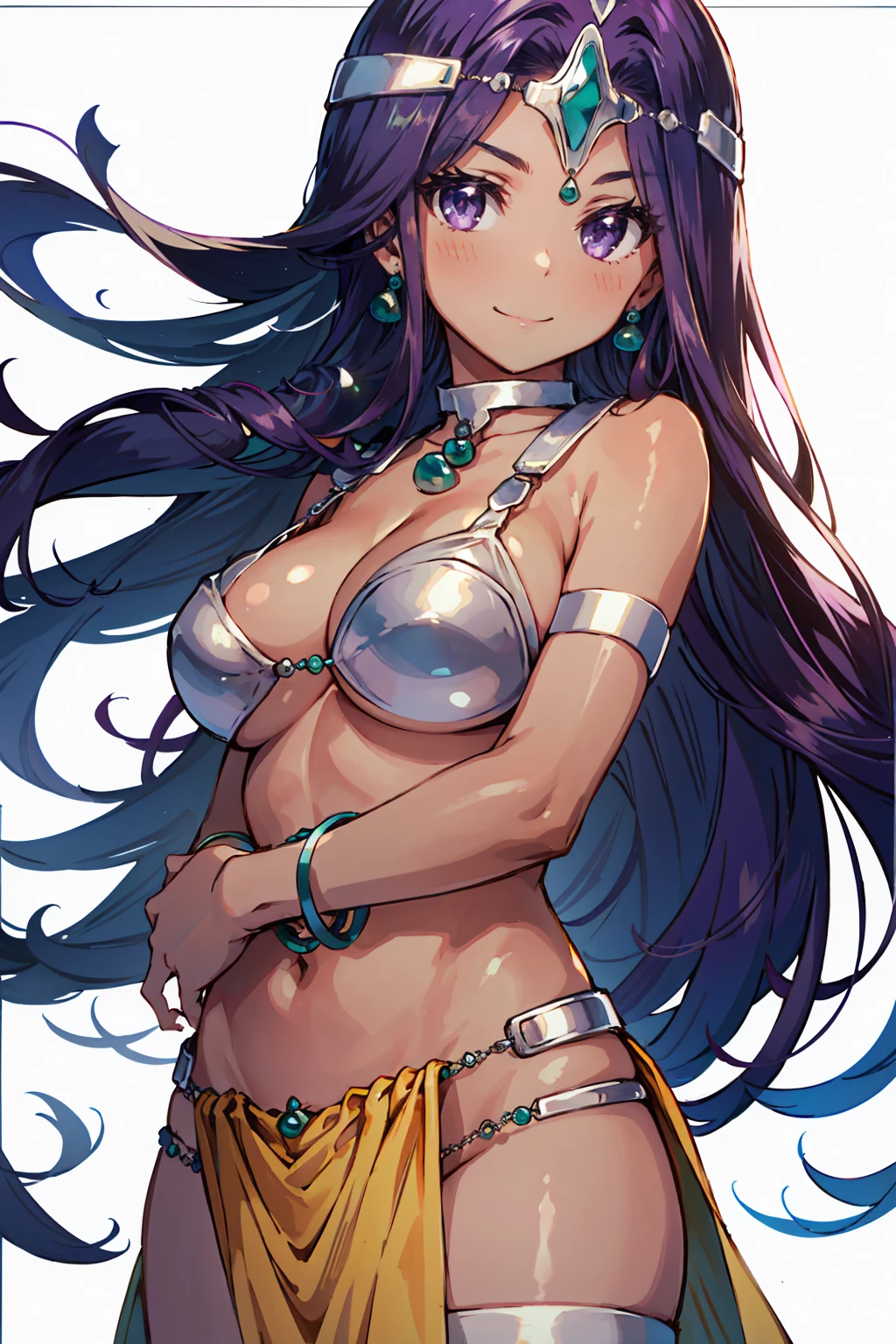 1girl, solo, dqManya, white background, cowboy shot, purple hair, bikini, loincloth, large breasts, cleavage, soft stomach, circlet, earrings, choker, bracelet, armlet, closed mouth, smile, blush