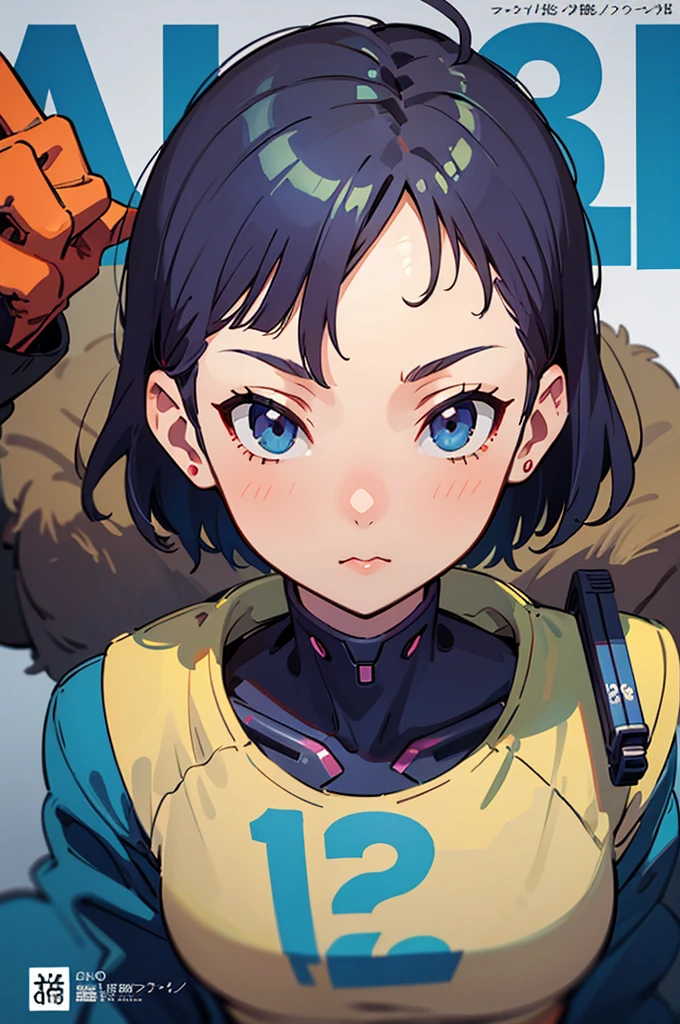 (masterpiece: 1.2, best quality), (1 lady, solo, upper body: 1.2), Hair: short cut, Clothing: oversized denim jacket and combat boots, underground or street art exhibition, android girl perfect for the future, cyborg girl, blue cyborg, cyborg - girl with silver hair, cyber machine female face, modern cyberpunk anime, cyborg girl, cyberpunk ads, perfect anime cyborg woman, porcelain cyborg, perfect cyborg woman, beautiful android ((modern clothes)) Looking at the viewer, looking at the camera,Magazine cover,a close up of a poster with a person on a cell phone, by Shinoda Toko, by Tadashi Nakayama, by Hirohiko Araki, manga cover style, manga comic book cover, by Yokoyama Taikan, inspired in hirohiko araki, by Yoshiyuki Tomino, by Yoshihiko Wada, by Yumihiko Amano