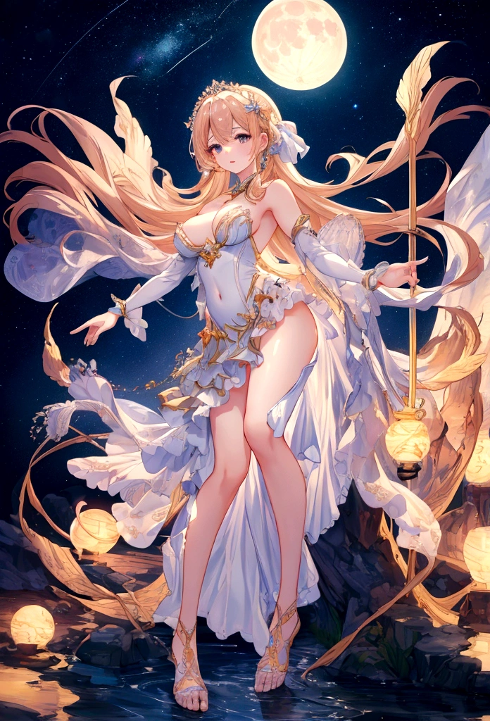 (masterpiece)、(best quality)、(Very detailed)、(Best Anatomy)、Official Art、pretty girl、 Light hair、 girl、Shoulders exposed、Beautiful breasts、Dreamy starry sky，moon moonlight，Full body picture