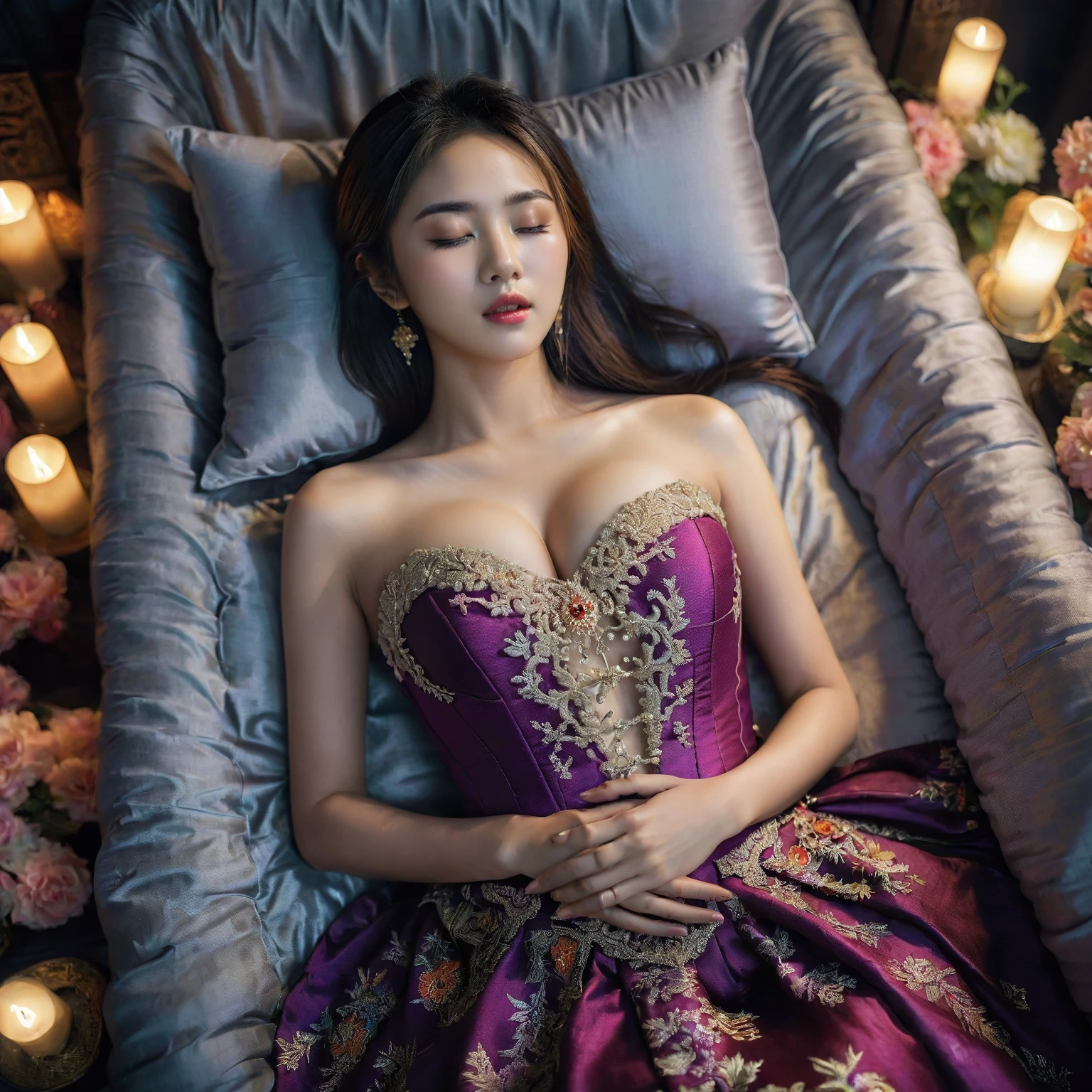 In a striking 8K HDR scene, a stunning Korean woman, 22 years old, lies peacefully in a black coffin surrounded by plush pillows. The deep box is set against a rich black background, accentuating the beauty of the subject. Her exquisite kebaya attire is embroidered with superb detail, showcasing her round and firm breasts, perfect cleavage, and beautiful eyebrows. Her closed eyes and mouth give an air of serenity, while her visible and absolute cleavage leave nothing to imagination. The scene is bathed in saturated colors, highlighting every intricate aspect from the ball skirt to her clean face.