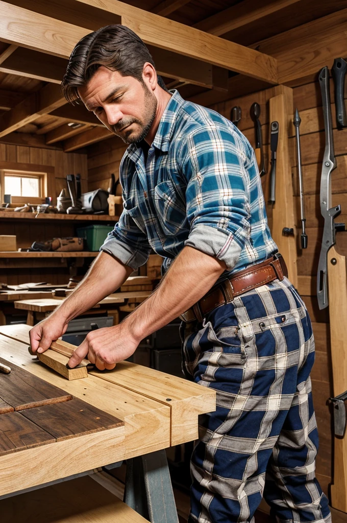 A skilled carpenter, perhaps in their 30s or 40s, wearing a flannel shirt, work pants, and a tool belt. The carpenter should be in the midst of planing a piece of wood on a workbench, with one hand guiding the plane and the other steadying the wood.